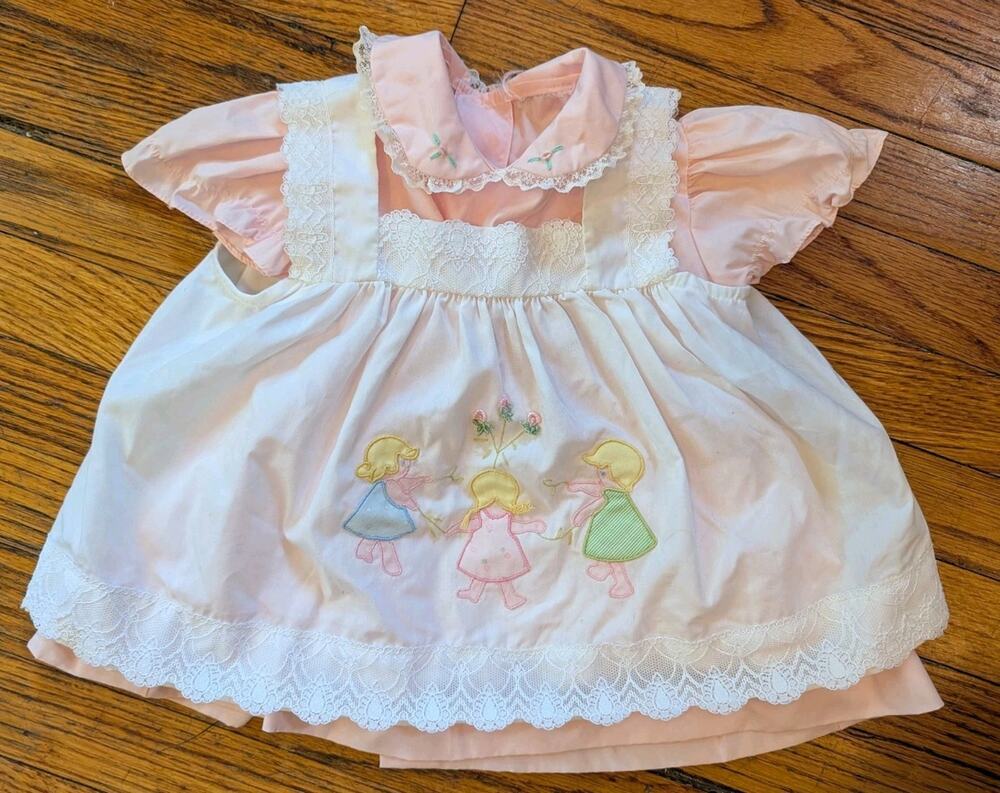 Vintage Infant Girls Dress Pink White 6M Ring Around The Rosie Pinafore 2 Piece